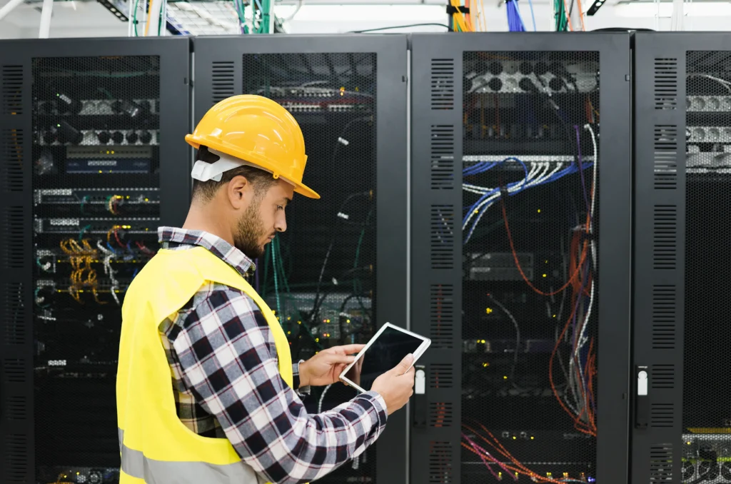 Image of a young technician man working with tablet inside big data center room hand holding tablet.