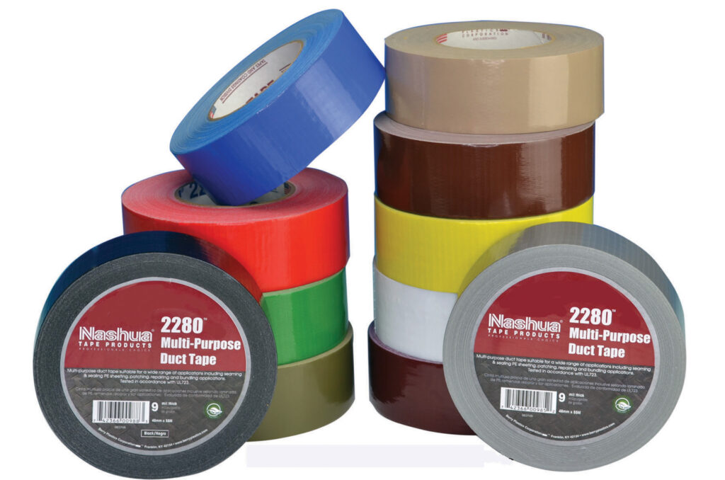 Image of 11 rolls of duct tape that are different color.