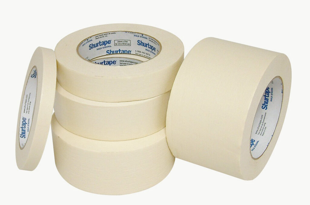 Image of 5 cream color masking tape all different sizes.